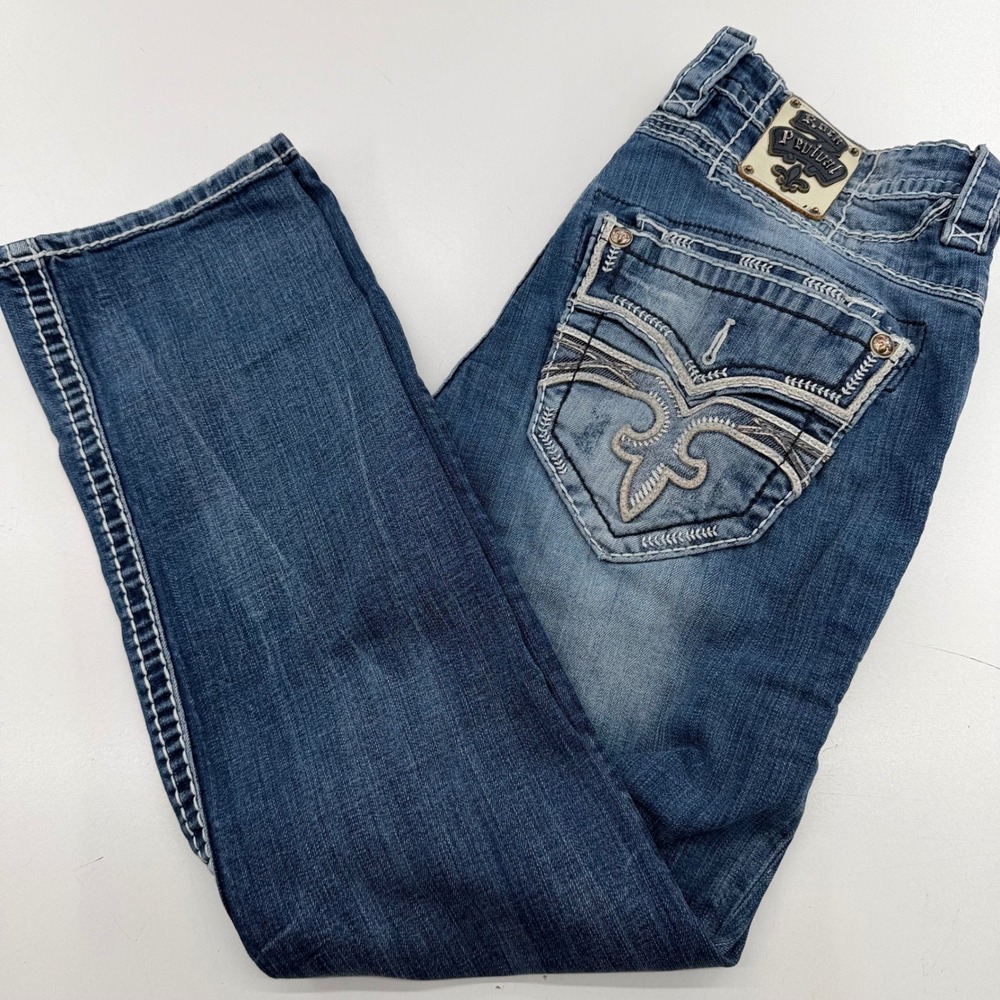 Rock Revival Ruper Straight Leg Jeans Medium Wash Fleur-De-Lis Size 33 x 30